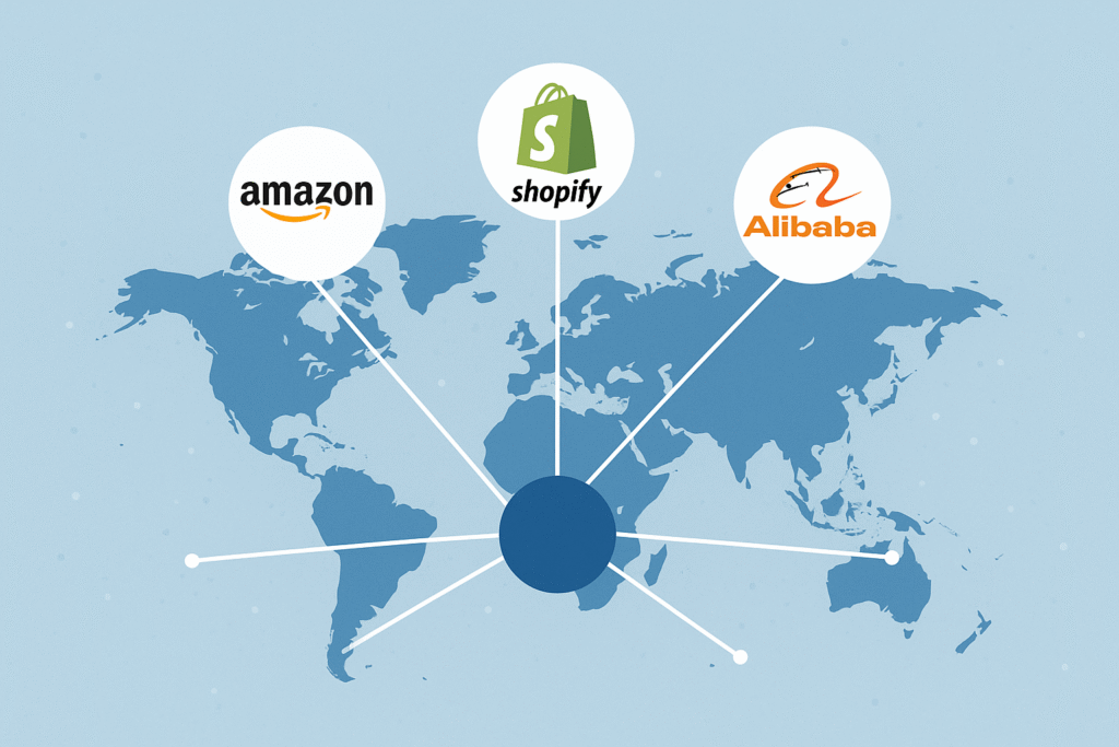How to Sell Your Product on Global Marketing Platforms: Top Websites, Strategies, Comparisons, and Income Insights (2025) A digital flat-design illustration showing a world map with network lines connecting major e-commerce platforms โ Amazon, Shopify, and Alibaba โ symbolizing global online selling and international marketing connectivity.