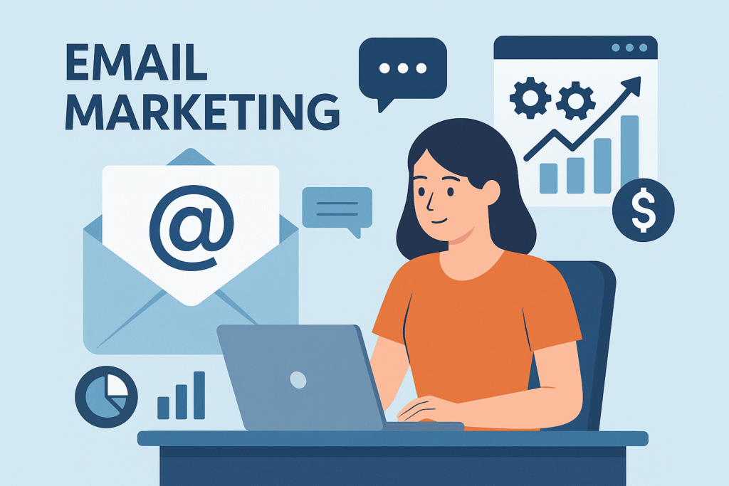 A flat-style digital illustration showing a woman working on a laptop with email marketing elements around her, including an envelope with the “@” symbol, bar and pie charts, chat bubbles, and a rising graph symbolizing digital marketing growth and revenue generation.